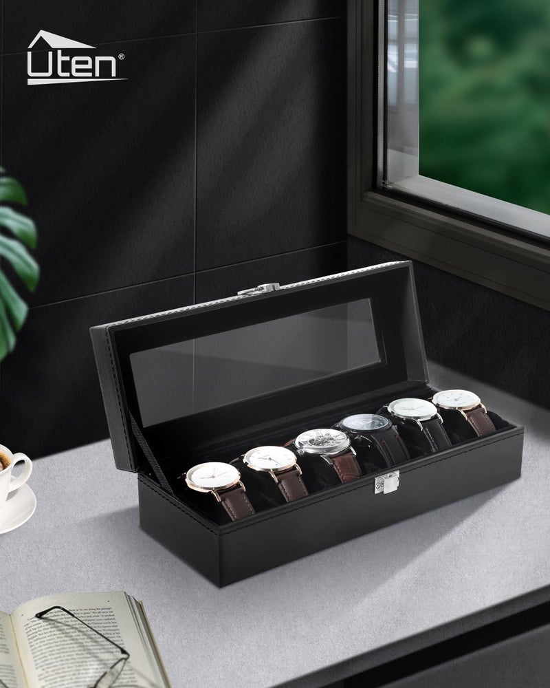 Uten Watch Box, 6 Slots Watch Case, Watch Organizer Jewelry Storage with Large Glass Lid, Black Lining, Watch Display Box for Men & Women Gift - Image 2